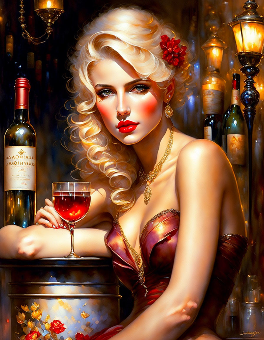 Blond woman with red lipstick and flower by wine bottle - vintage glamour