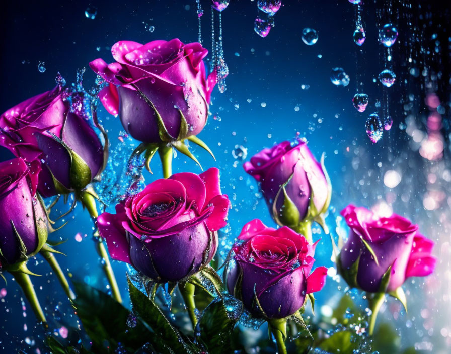 Beautiful Pink Roses with Water Droplets on Sparkling Blue Background