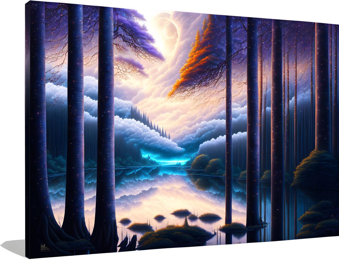 Fantasy landscape canvas print with towering trees and reflective lake