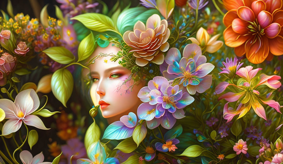 Digital artwork: Woman's face with vibrant flowers & plants seamlessly blended.