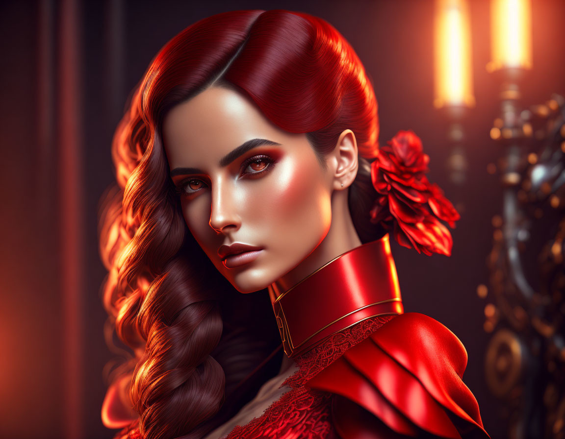 Digital artwork of woman with striking red hair in elegant red dress against warm backdrop