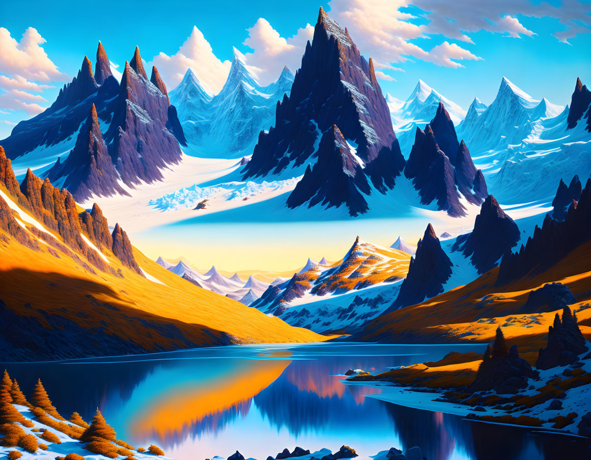 Snow-capped peaks, blue lake, golden grass: serene landscape scenery.