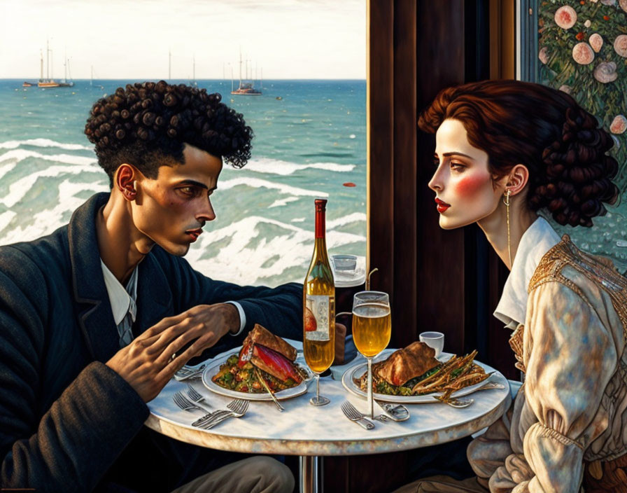 Two people at seaside restaurant with wine, ships visible through window, having serious talk.