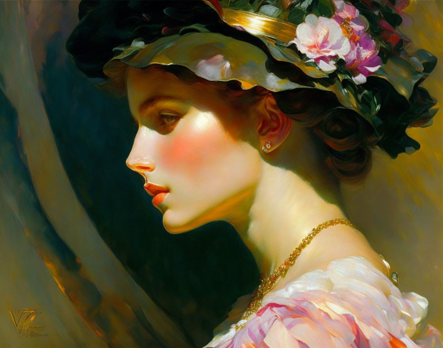 Portrait of Woman in Floral Hat with Rosy Cheeks and Pensive Gaze