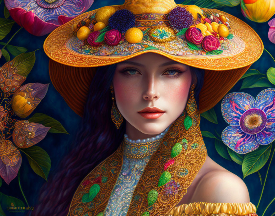 Detailed digital art portrait of a woman in vibrant attire and fruit-adorned hat, surrounded by colorful