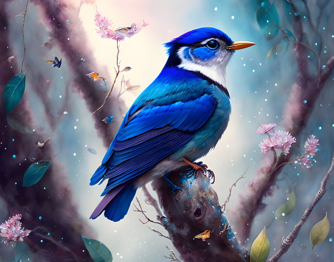 Blue bird with crest on branch among flowers and butterflies in dreamlike setting