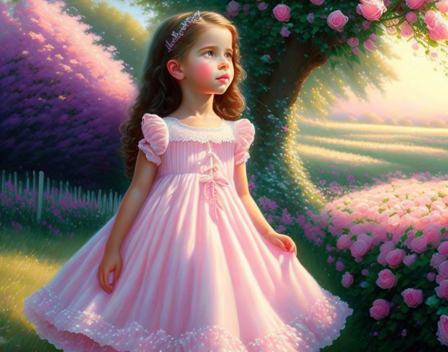 Young girl in pink dress in garden at sunset