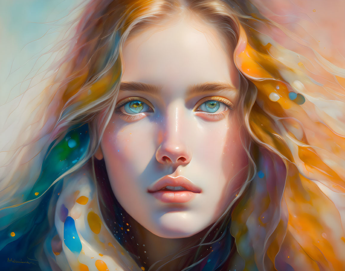 Vibrant digital painting of young woman with blue eyes and colorful hair