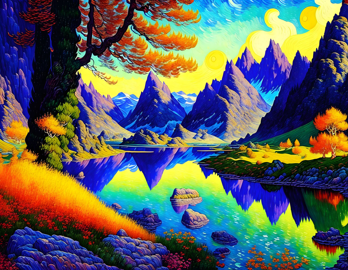 Colorful Valley Landscape with Mirror Lake & Towering Mountains