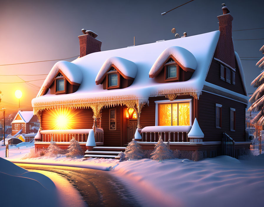 Snow-covered house with glowing windows in wintry landscape at dusk