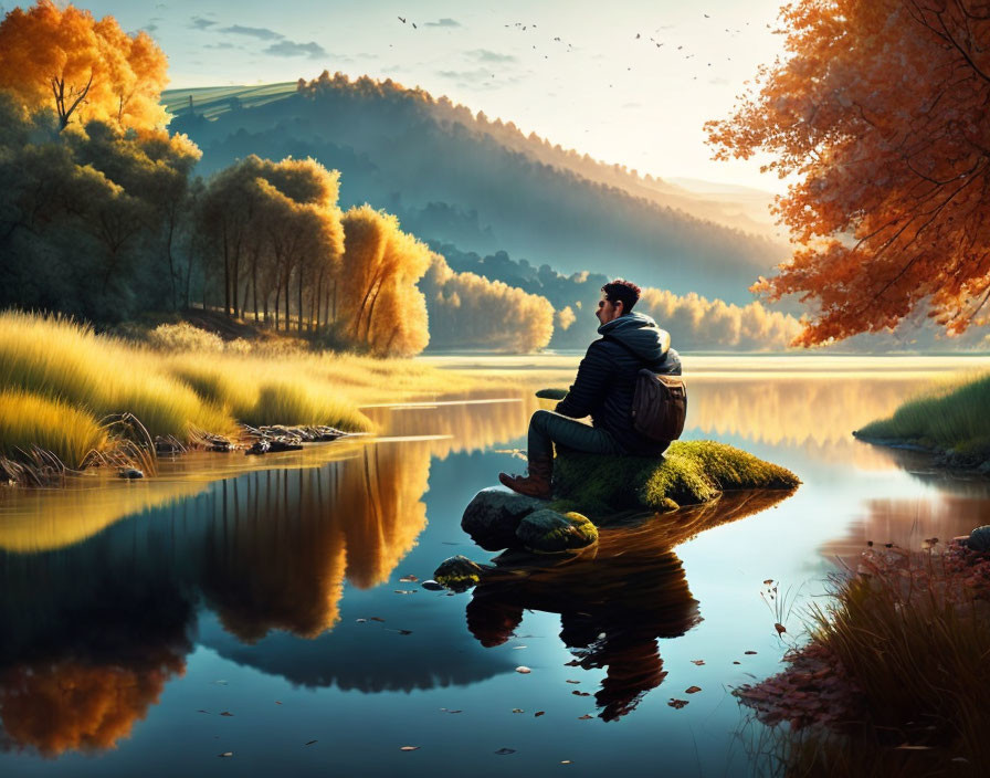 Tranquil lake scene with person on moss-covered rock surrounded by autumnal trees