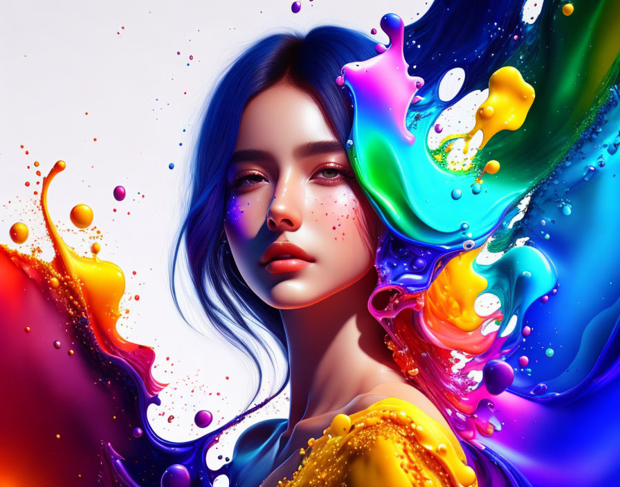 Vibrant digital artwork: Woman with blue hair in colorful liquid swirls