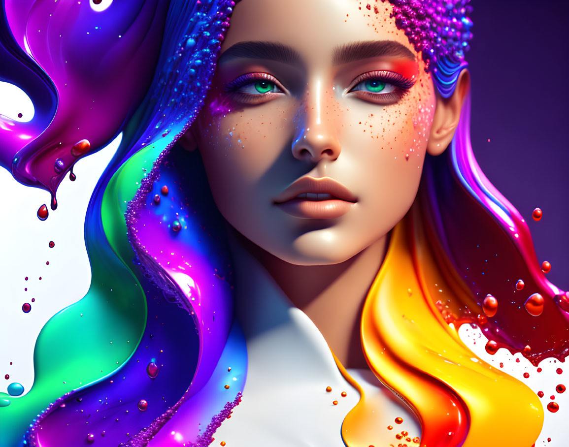 Vibrant digital artwork: Woman with flowing, colorful hair and intense gaze