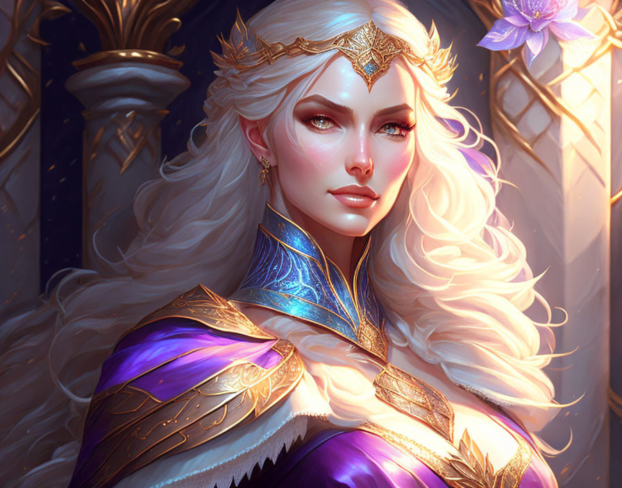 Illustration of regal woman with blonde hair, crown, golden armor, purple cloak.