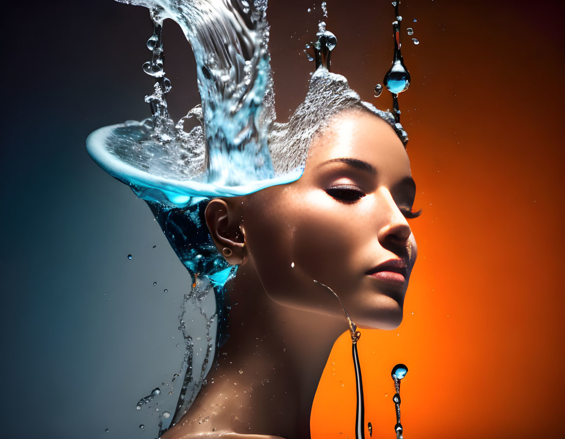 Woman with Water Splashing on Orange Teal Background