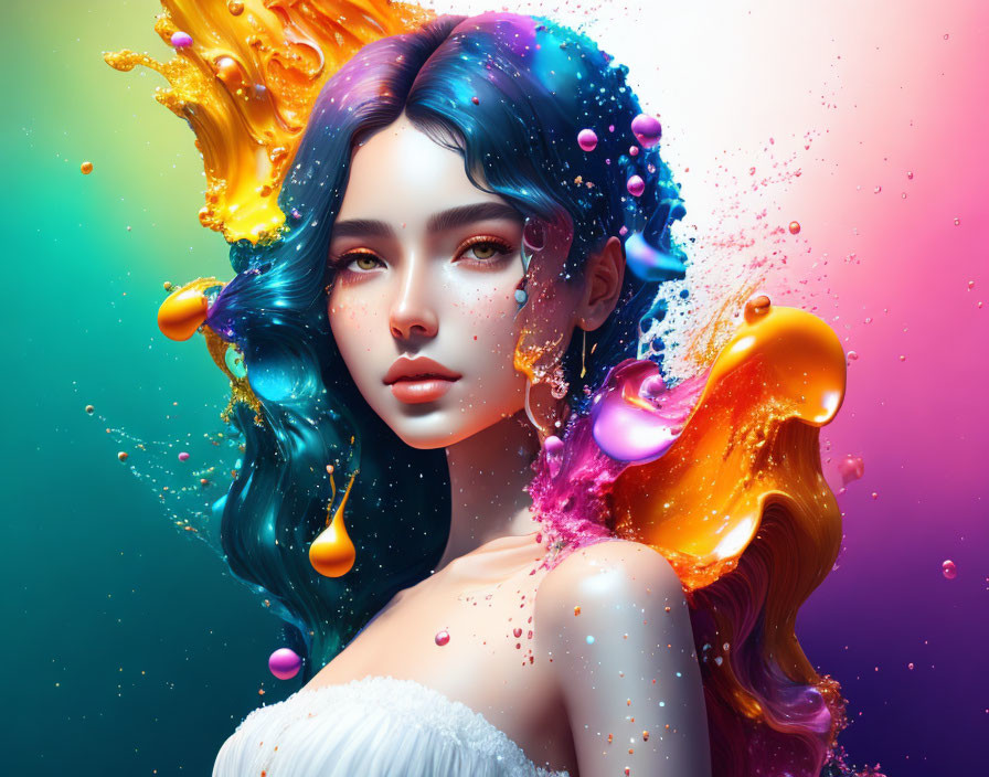 Vibrant Woman with Multicolor Liquid Splashing Hair on Gradient Background