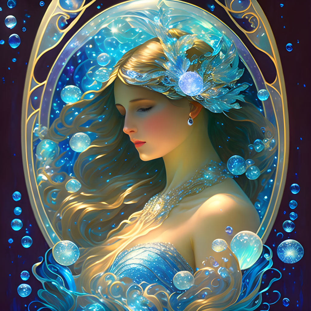 Fantasy portrait of a woman with golden hair and blue accessories surrounded by bubbles and orbs