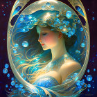 Fantasy portrait of a woman with golden hair and blue accessories surrounded by bubbles and orbs