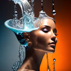 Woman with Water Splashing on Orange Teal Background