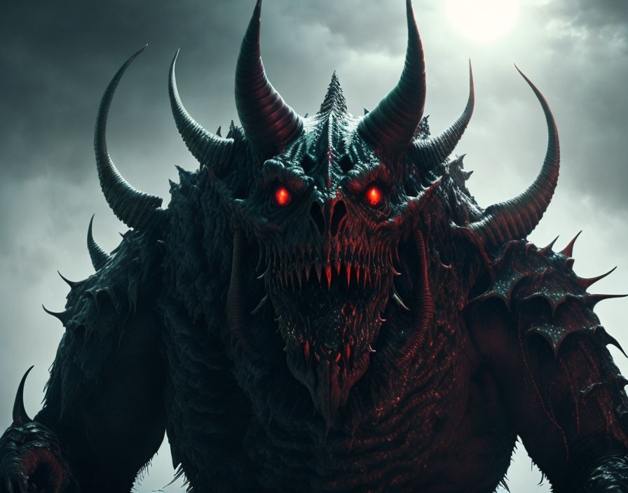 Menacing dragon with red eyes and sharp horns in dark sky