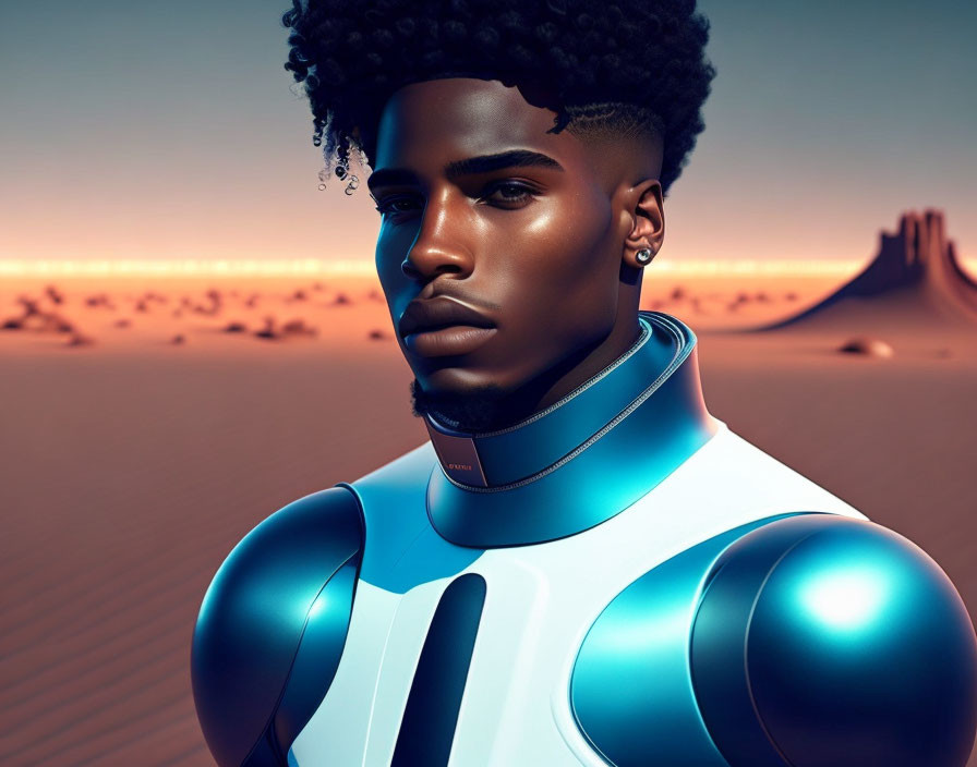 Man with Afro Hairstyle in Futuristic Suit in Desert Dusk