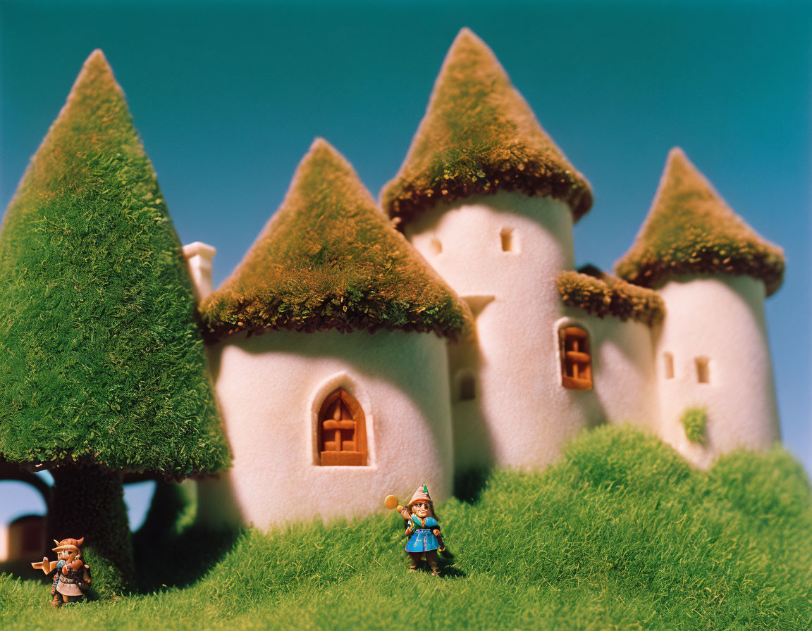 Miniature fantasy cottages with cone-shaped roofs in lush greenery