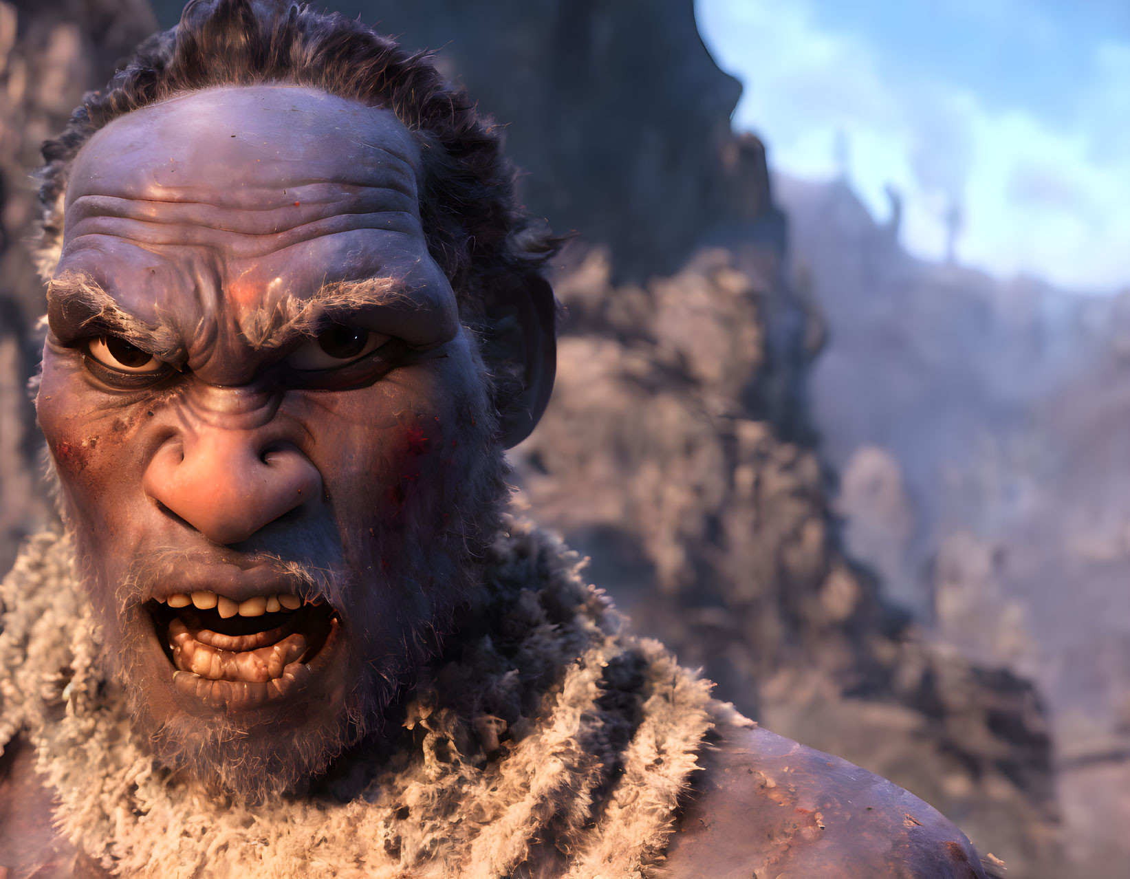 Detailed close-up of angry ogre with tusks and fur clothing against mountain backdrop