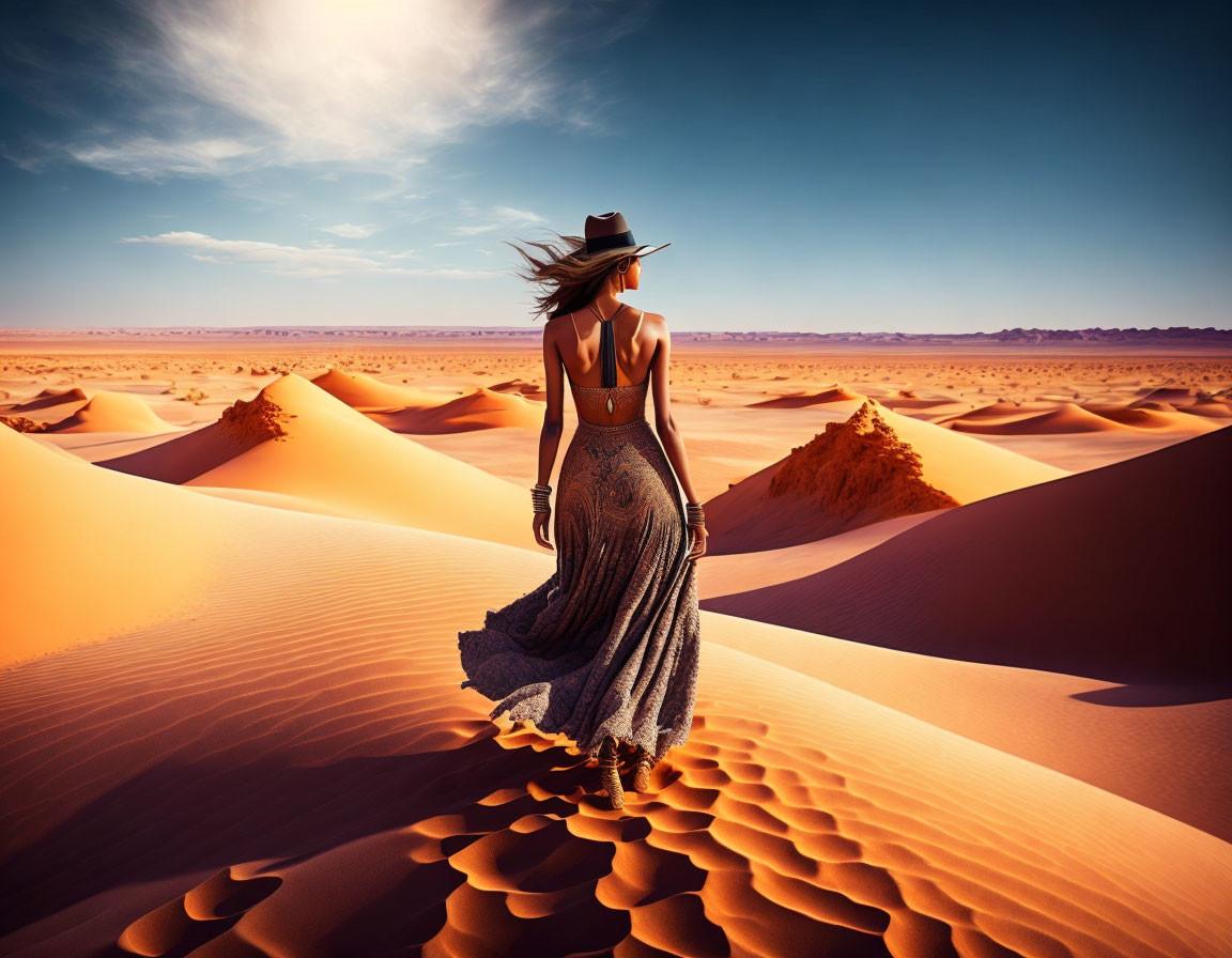 Woman in flowing dress and hat walking through orange sand dunes in desert