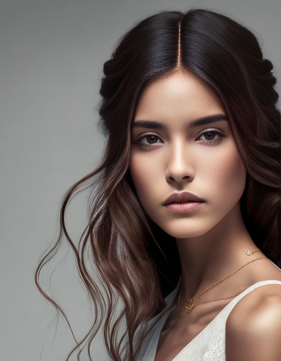 Portrait of woman with wavy brunette hair and intense gaze in off-shoulder top