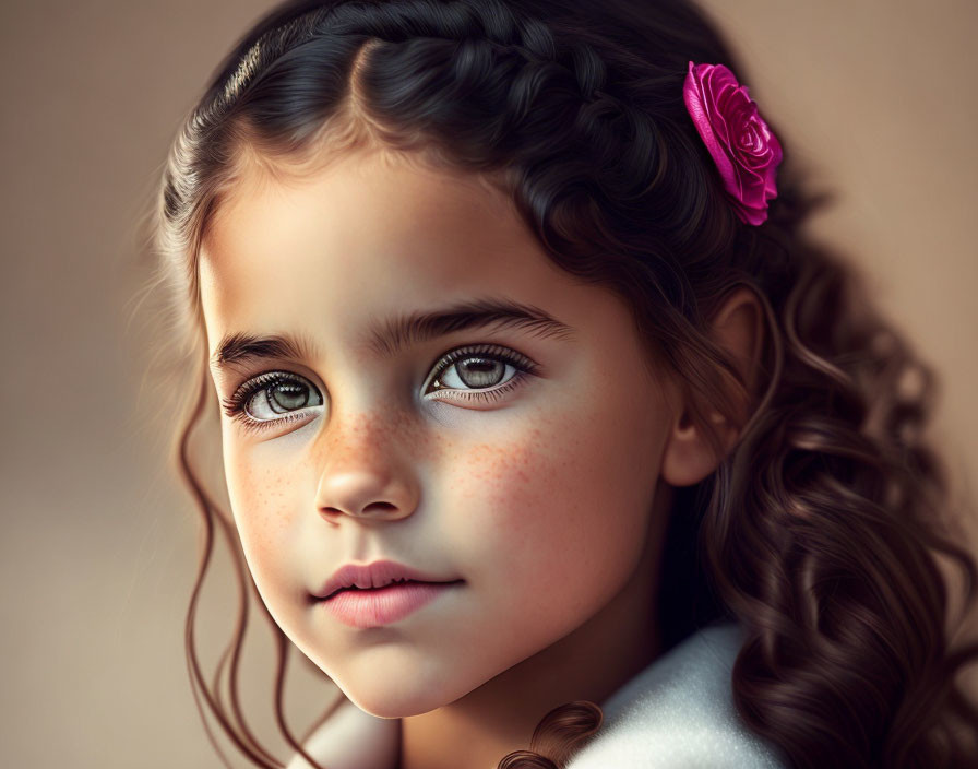 Detailed digital portrait of young girl with brown eyes and braided hair