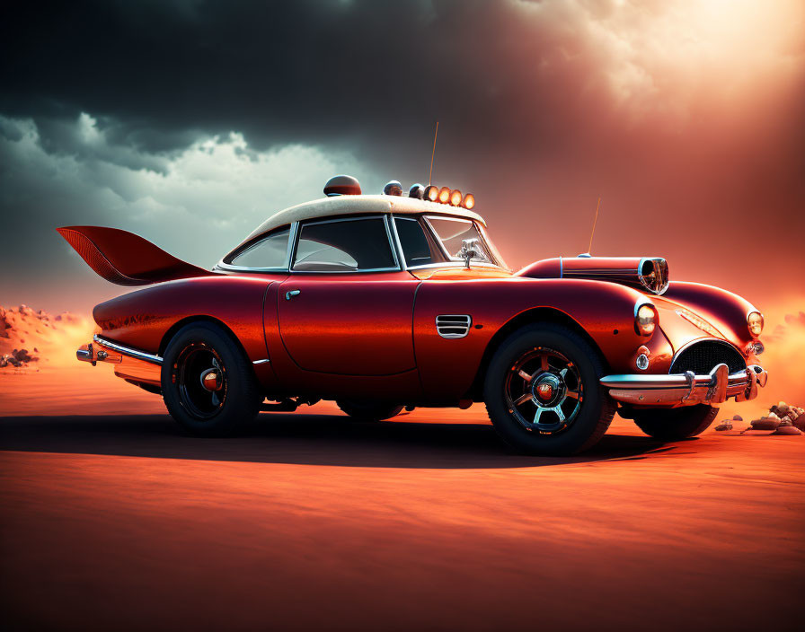 Vintage Red Car with Fins and Round Headlights in Fiery Sunset