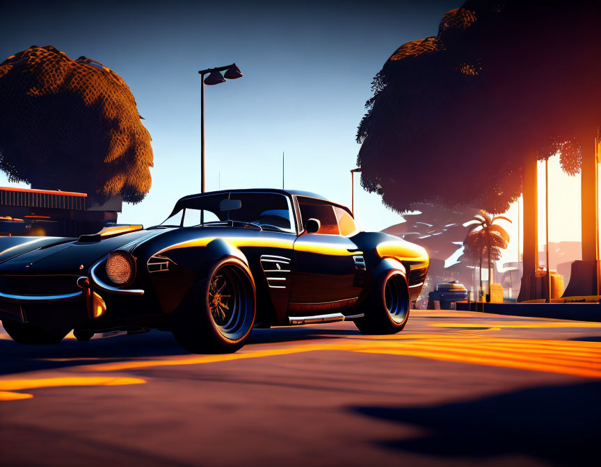 Vintage black sports car parked at sunset with palm trees and streetlamps in background