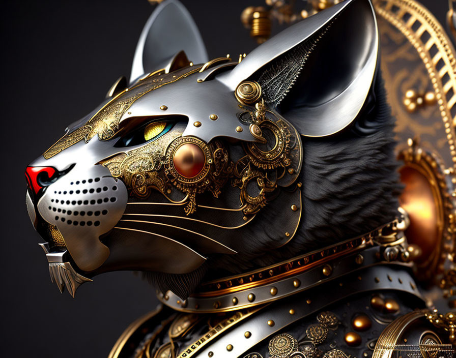 Stylized steampunk cat with golden embellishments on dark background