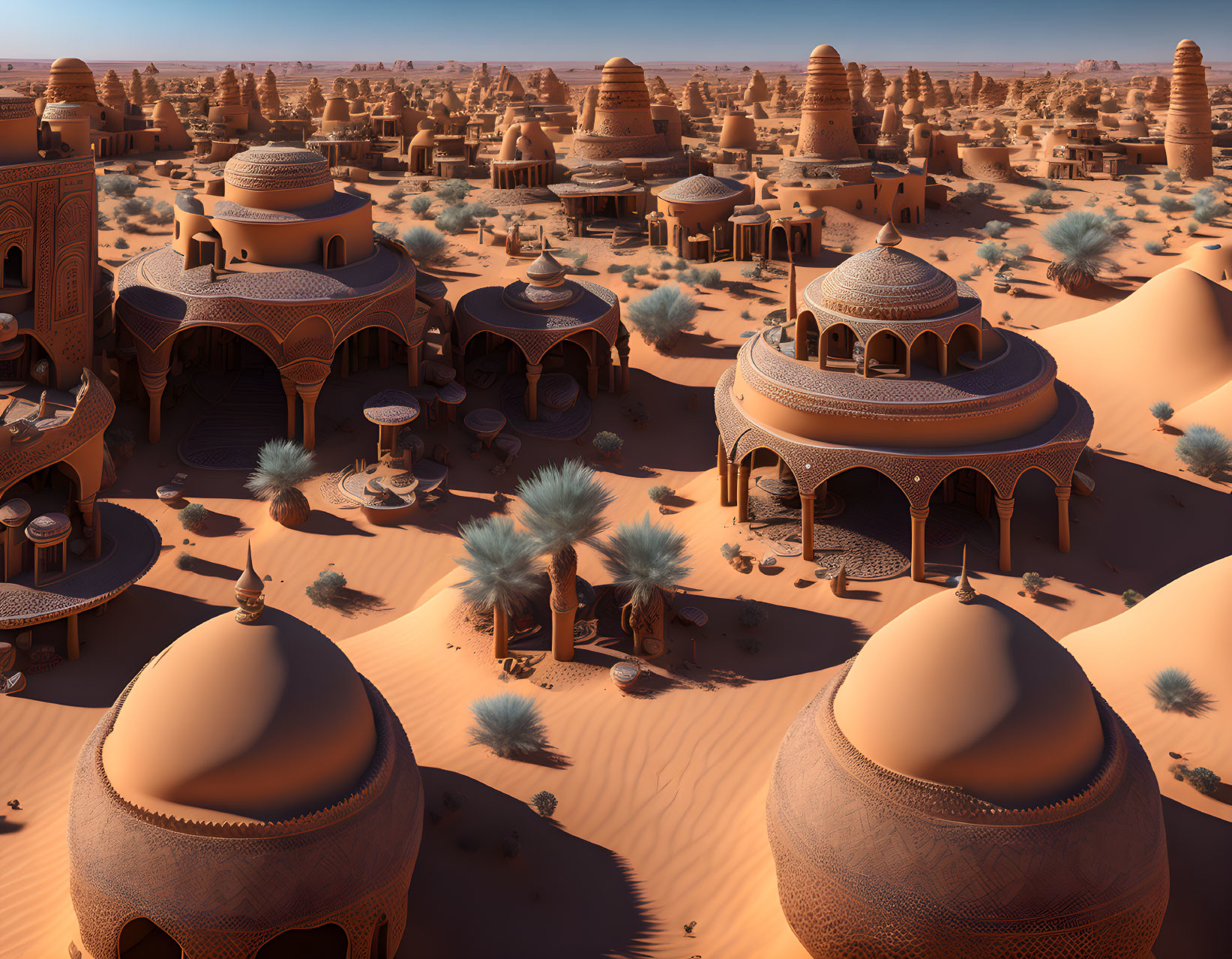 Desert city with dome-shaped buildings and intricate architecture