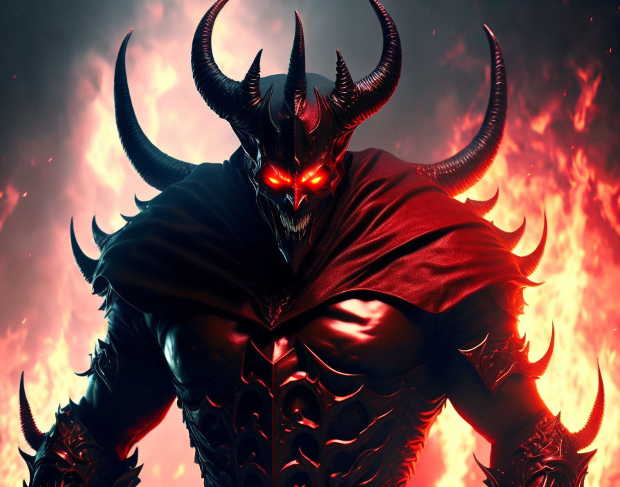 Sinister figure in black armor with red eyes and horns on fiery background