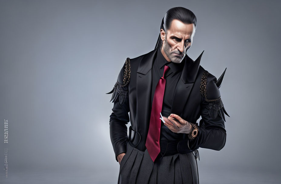 Stylish male figure with slicked-back hair and edgy attire