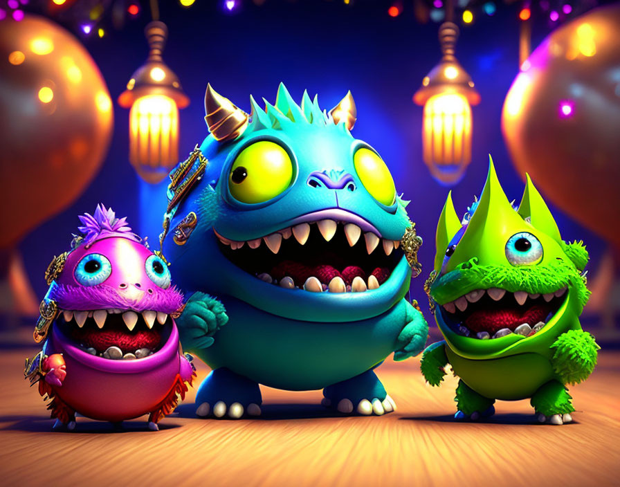 Colorful, Stylized Monsters Smiling in Festive Background