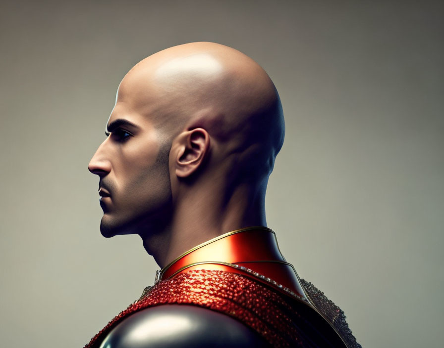 Bald man in red chainmail armor with large nose on muted background