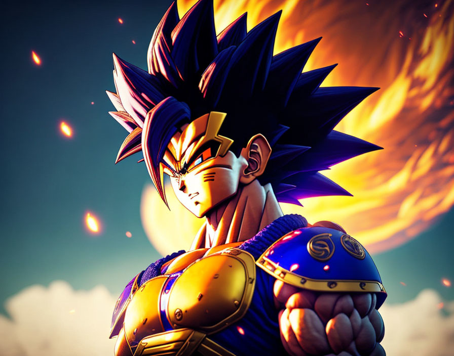 Spiky black-haired animated character in armor against fiery backdrop