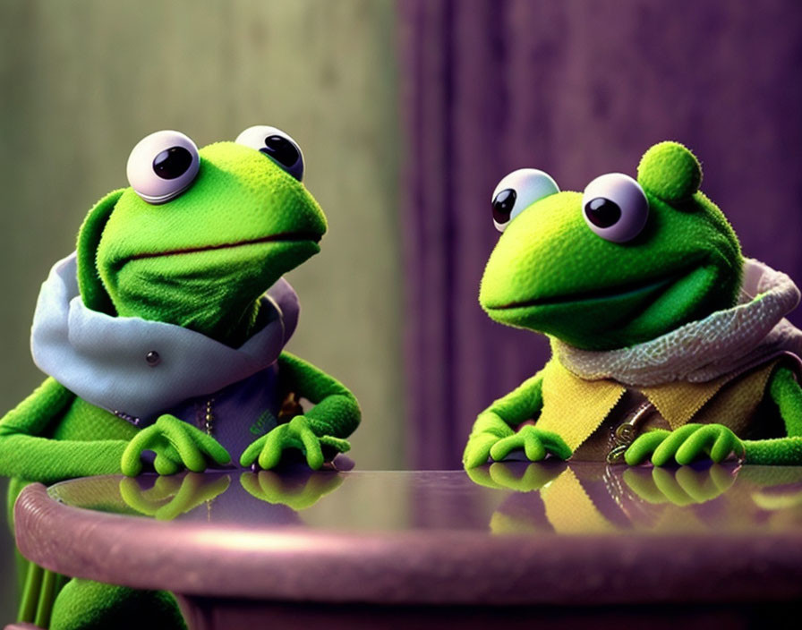 Plush frog toys in purple and yellow outfits sitting at a table