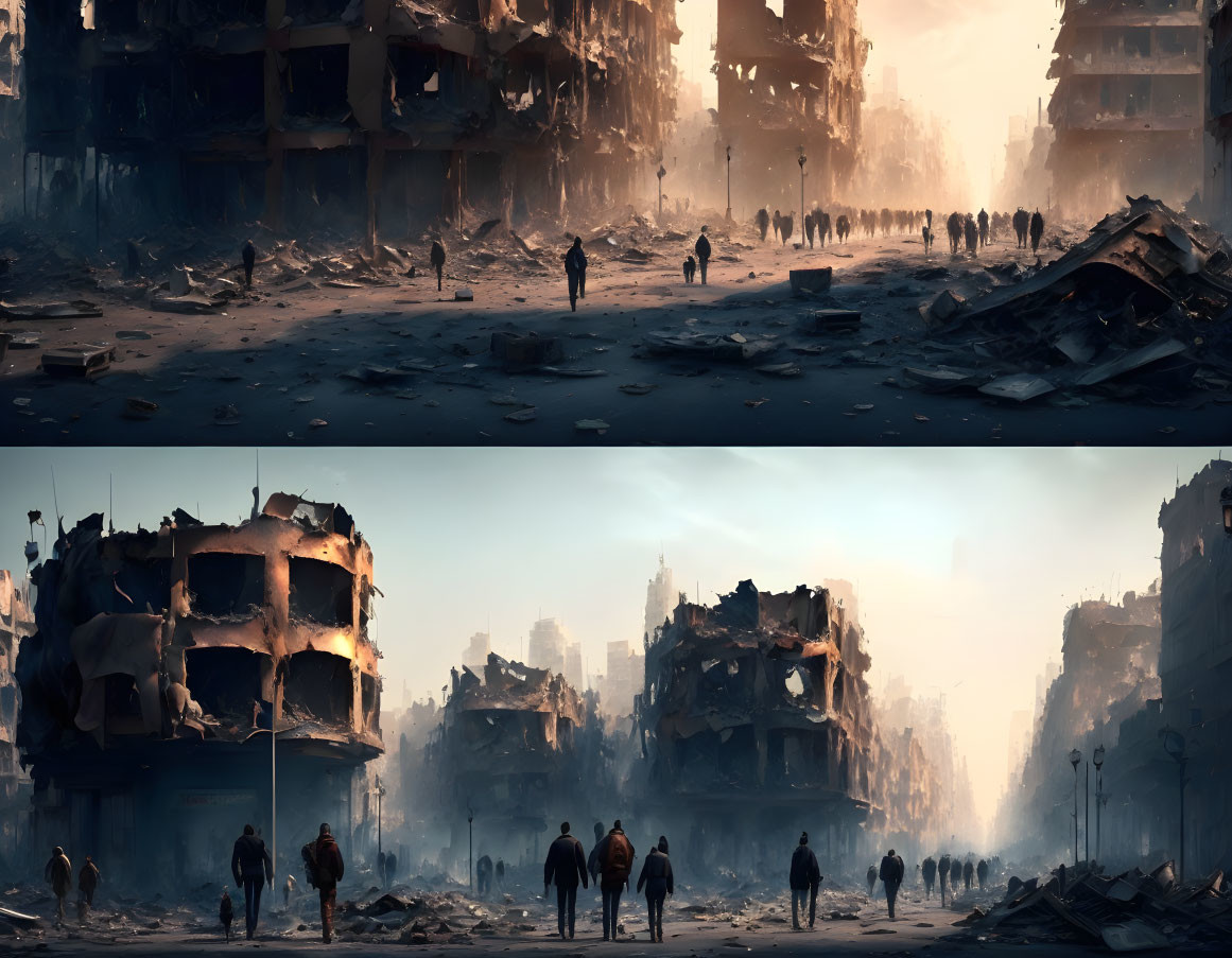 Post-apocalyptic cityscape with ruined buildings and survivors under bleak sky