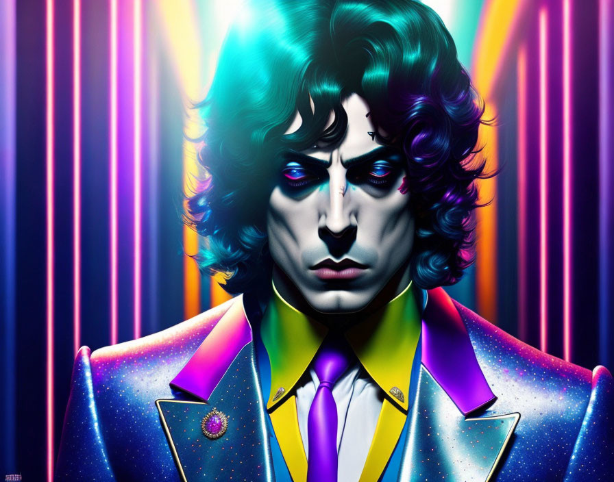 Vivid digital artwork: person with purple curls in galaxy suit under neon lights