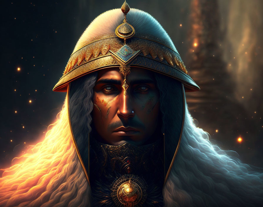 Regal figure in golden helmet and fur mantle against cosmic backdrop