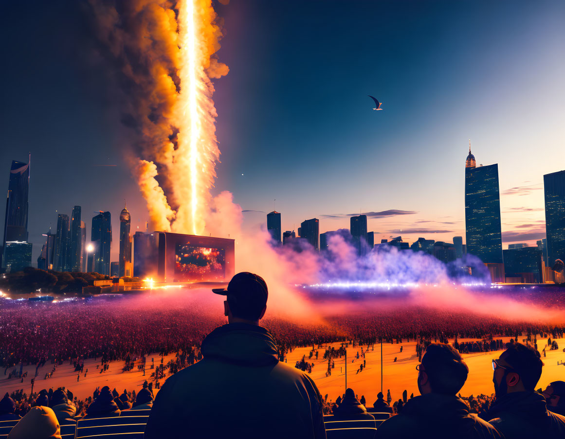 City skyline with crowd watching fiery sky trail