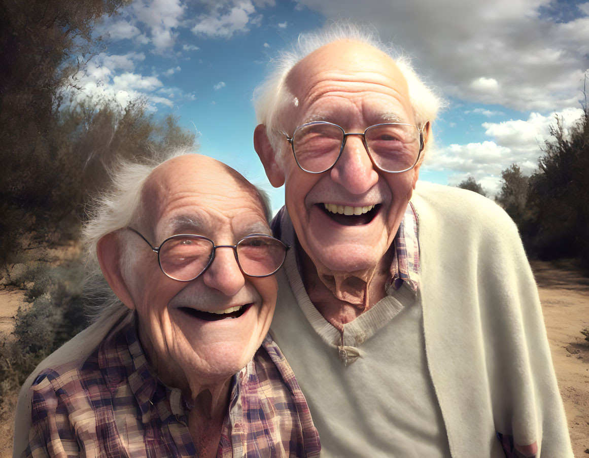 Elderly men with glasses smiling joyfully outdoors under cloudy sky