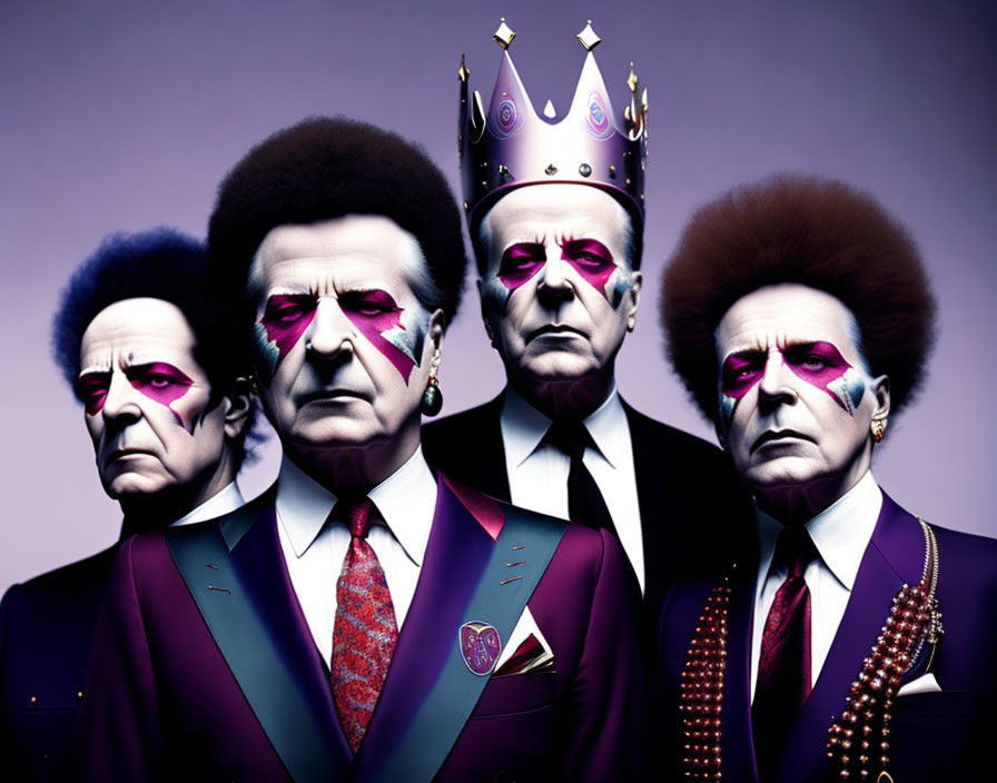 Four individuals with exaggerated frown makeup, styled afros, suits, and a crown on one,