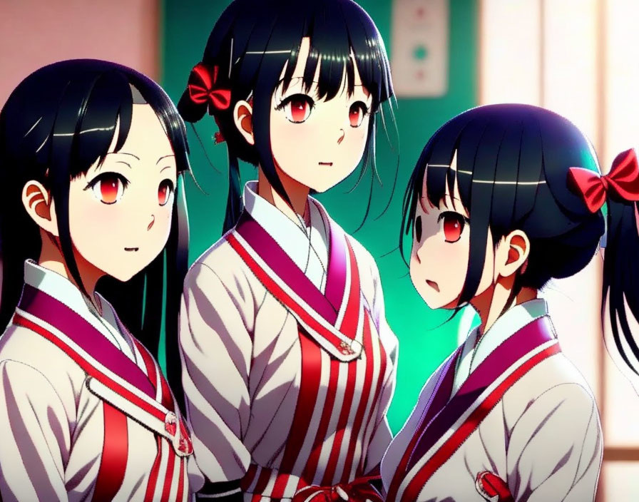 Three Anime Girls in Japanese School Uniforms with Black Hair and Red Bows