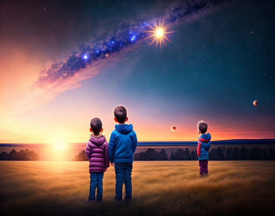 Children observing vibrant twilight sky with stars and planets in field.