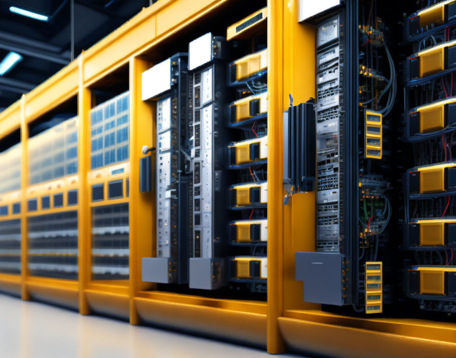 Rows of Server Racks with LED Indicators in Modern Data Center