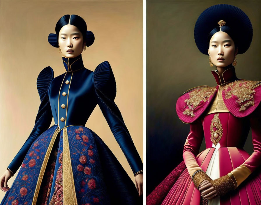 Ornate classical-inspired fashion portraits with vibrant colors